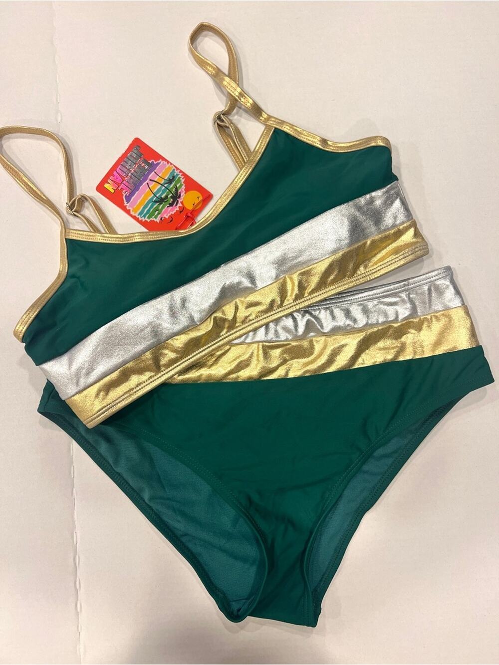 NWT Emme Jordan Swim Metallic Bikini Green Sz M